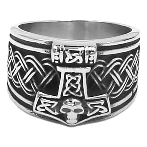 Wholesale Tribal Symbol Myth Thor Hammer Ring Stainless Steel Jewelry Norse Viking Rune Skull Biker Men Ring SWR0978
