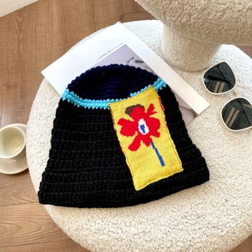 Autumn Winter Knitted Fisherman Hat for Female With Patch Korean Style Japanese Black Woolen Caps Flower Bucket Hat for Women
