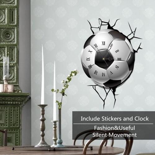 Broken Wall Soccer Self Adhesive Decor Sticker Fancy Silent Movement 3D Acrylic Clock For Living Room Bedroom Home Decor Decals