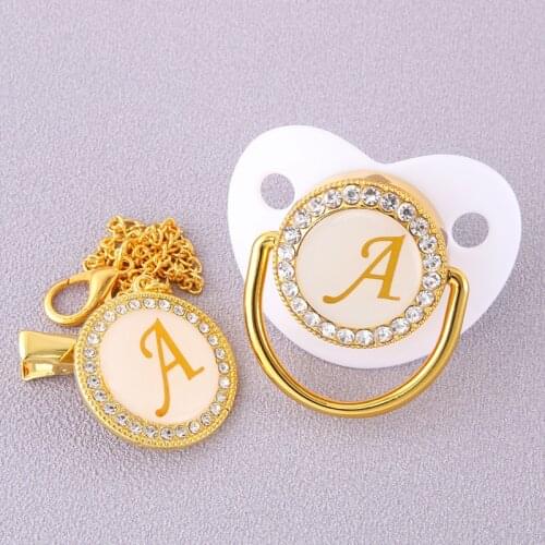 Luxury White Initial Letter A BlingBling Baby Pacifier with Chain Clip Infant Newborn Dummy Food Grade Silicone Nipple For Gift