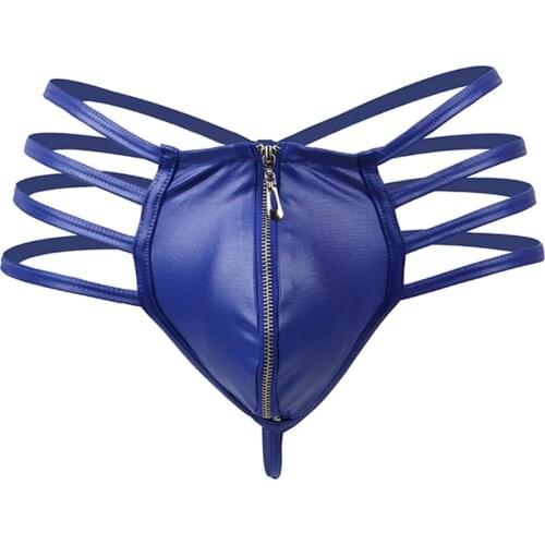 Mens Lingerie Underwear Low Waist Hollow Out Strappy T-back Thongs Underpants Faux Leather Zipper Bulge Pouch G-string Panties