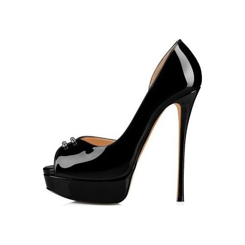 Women Sky High Thin Heel Party Stage Shoes Black Patent Leather Peep Toe Platform Pumps Summer Fashion Slip On Office Lady Shoes