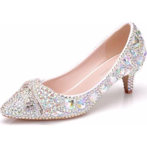 Women pumps wedding Party banquet PU Rhinestones Slip On 5CM Thin High Heels Pointed Toe mujer bombas women shoes size 35-42