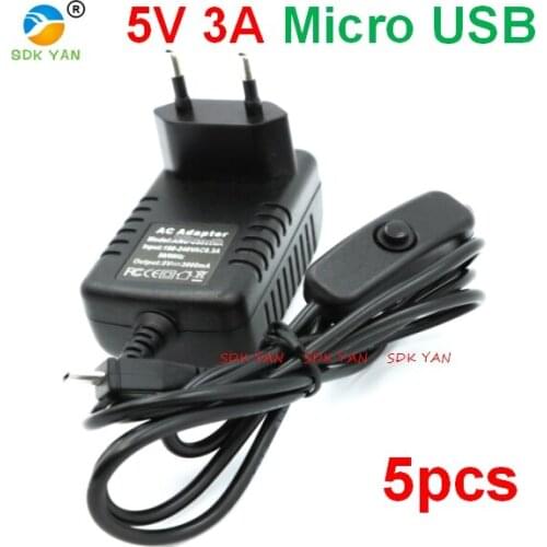 5 pcs 3A USB v8 ON / OFF Button power charger EU 5V 3A Micro USB Charger Raspberry PI 3 Power Supply With Switch Button adapter