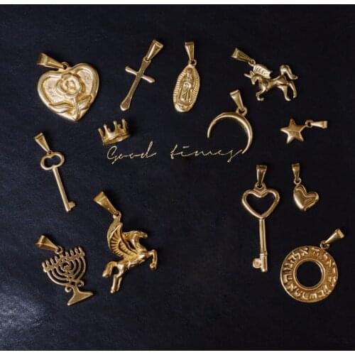 RHYSONG Handmade DIY Stainless Steel Charms Crown Rose Flower Moon Star Key Pendant For Women Necklace Jewelry Making No Chain