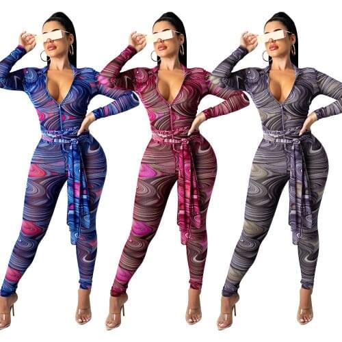 Somoshein S-2XL 2021 Tights jumpsuit women clothing autumn mesh pirinting long sleeve zip top romper Wholesale Dropshopping