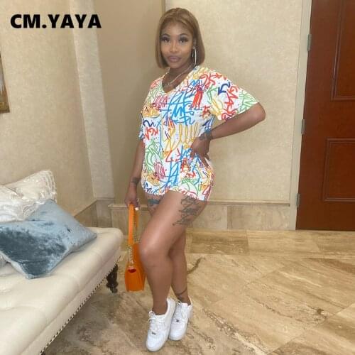 CM.YAYA Women Set Graffiti Print Short Sleeve V-neck Tops Sheath Elastic Shorts 2 Two Piece Set Active Tracksuit Summer Outfit