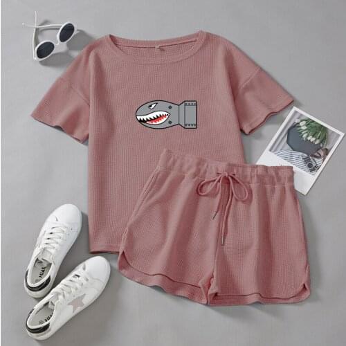 Women Pajamas Set Ladies Summer Vintage Cartoon Print Short Sleeves Home Suit Nightwear Nightgown Female Korean Pijama Pajama