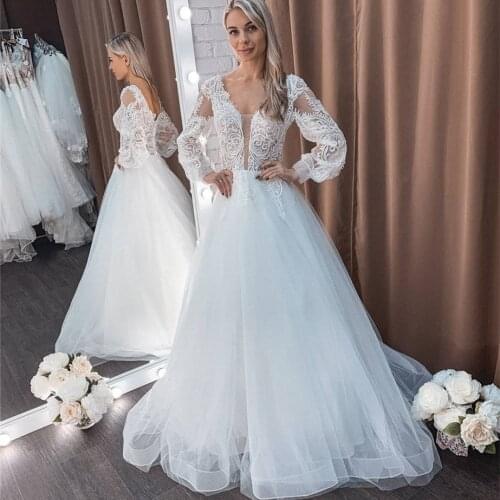 Elegant Wedding Dress 2021 A-Line V-Neck Long Sleeve Backless Lace Appliques Tulle Sweep Train Bride Gown Vestidos De Noiva