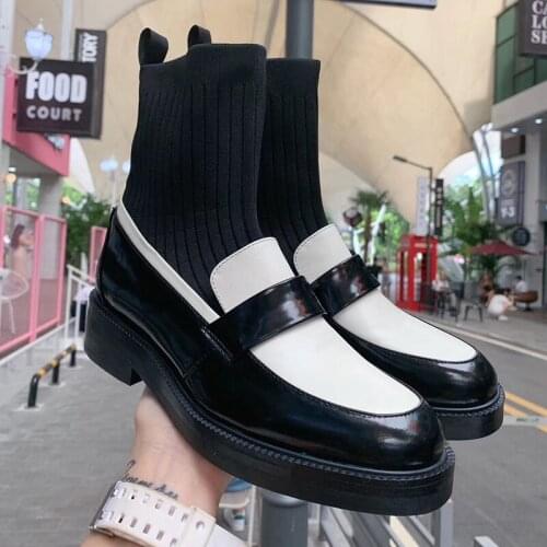 Winter Boots Women Sock Botas Mujer Leather Bota Feminina Mixed Color Shoes Women Cozy Botines Mujer 2020 Elastic Buty Damskie