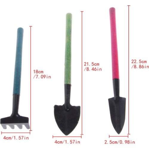 3Pcs Mini Garden Gardening Plant Tools Set with Wooden Handle Shovel Spade Rake