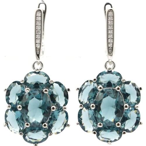 38x17mm SheCrown Jewelry Set Created London Blue Topaz White CZ Womans Fine Jewelry Silver Earrings Pendant