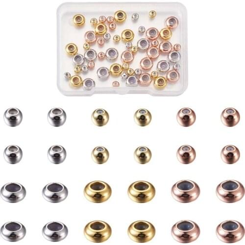 Pandahall 60pcs Brass Beads with Rubber Inside Slider Beads Stopper Beads Rondelle & Round for Jewelry Making DIY Bracelet