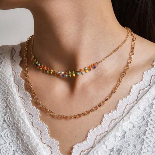 Tocona Colorful Bead Chain Choker Necklace for Women Bohemian Gold Color Alloy Metal Adjustable Jewelry Accessories 14308