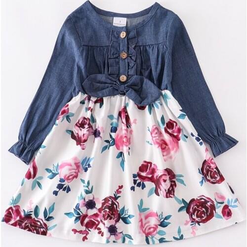 Girlymax Fall/winter Baby Girls Children Clothes Floral Flower Print Denim Dress Milk Silk Boutique Long Sleeve Knee Length