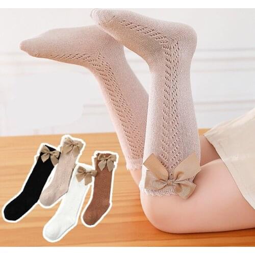 Cute Bowknot Newborn Baby Socks Solid Color Hollow Kids Girl Knee High Socks Breathable Mesh Infant Toddler Long Socks