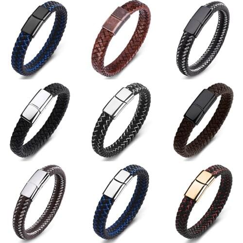 MOZO FASHION Punk Men Jewelry Braided Leather Bracelet HandmadeHigh Quality Trendy Stainless Steel Clasp Male Wrist Band Gifts