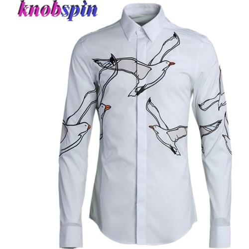 Precision Embroidery Seagull Shirt men 2019 Brand Business Male Dress Shirts high quality 80% Cotton long sleeve Slim Camisas