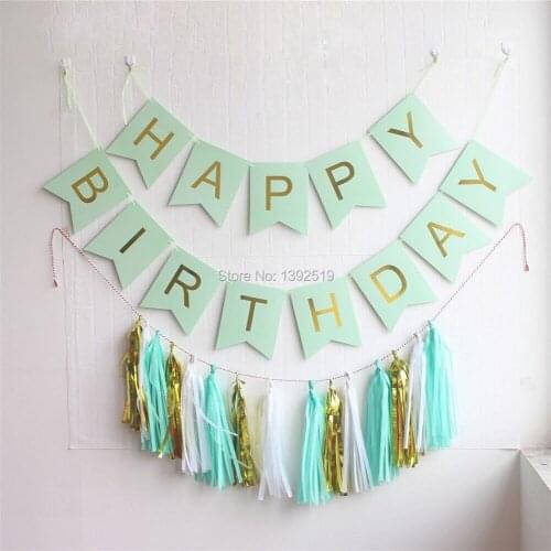 Mint Green Happy Birthday Banner with Hanging Tassel Garland and Gold Letters Bunting for Birthday Decoration Party Event