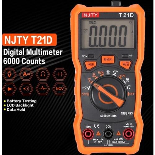 NJTY T21D NCV Digital Multimeter 6000 counts Auto Ranging AC/DC Voltage Current Meter Handheld Ammeter Ohm Diode NCV Tester
