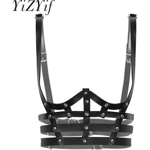 Punk Gothic Garters Faux Leather Body Chest Bust Harness Bra Adjustable Belly Waist Belts with Buckles Roleplay Costume Clubwear