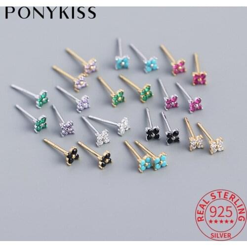 PONYKISS Classic 925 Sterling Silver Leaves Colorful Zircon Stud Earrings woman Party Fine Jewelry Wholesale Minimlist Accessory