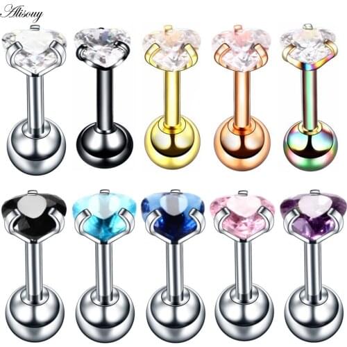 Alisouy 2pcs Medical titanium steel zircon earrings 4mm Heart Love Crystal Cartilage Earring ear Piercing DIY Women Body Jewelry