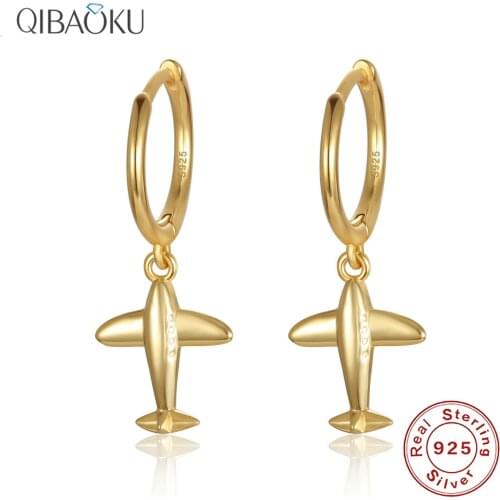 Real 925 Sterling Silver Hoop Earrings Airplane Aircraft Shape Gold Earrings Cute Sweet Earrings Fine Jewelry for Women