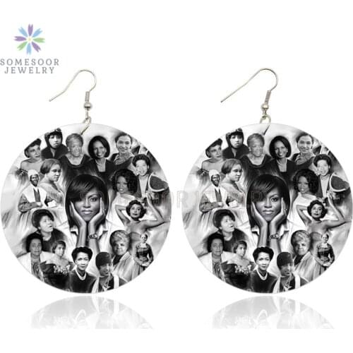 SOMESOOR Printed Black Woman Hero American First Lady Wooden Drop Earrings Mrs Obama Power Sayings Design Jewelry For Women Gift