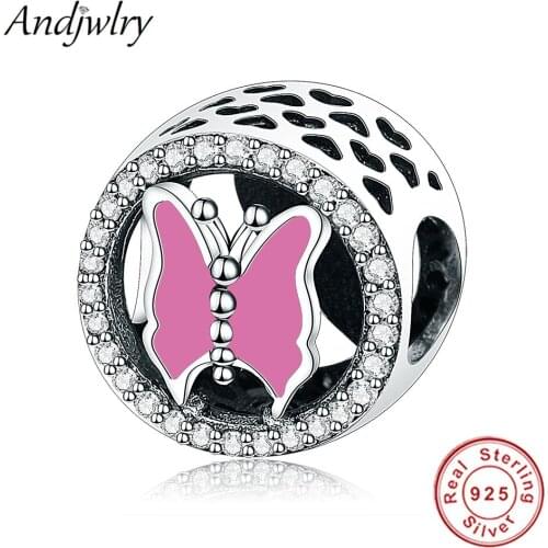 Fit Pandora Charm Bracelet 925 Sterling Silver Original Beads Butterfly Charms With Pink Enamel DIY Jewelry Making Berloque