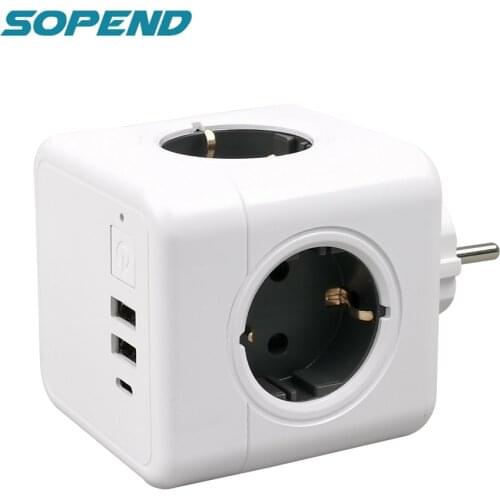 Sopend Powercube Eu Power Extension Socket Power Strip Smart Plug Multiprise Tee Thief European Plug 4 Outlet Switch Type-C Port