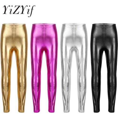 YiZYiF Girls Metallic Color Pants Shiny Stretch Leggings Skinny Pants Jazz Leggings Ballet Costumes Kids Jazz Dance Competitions
