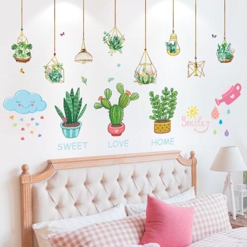 [shijuekongjian] Green Potted Wall Stickers DIY Succulents Plants Wall Decals for Living Room Bedroom Kitchen House Decoration