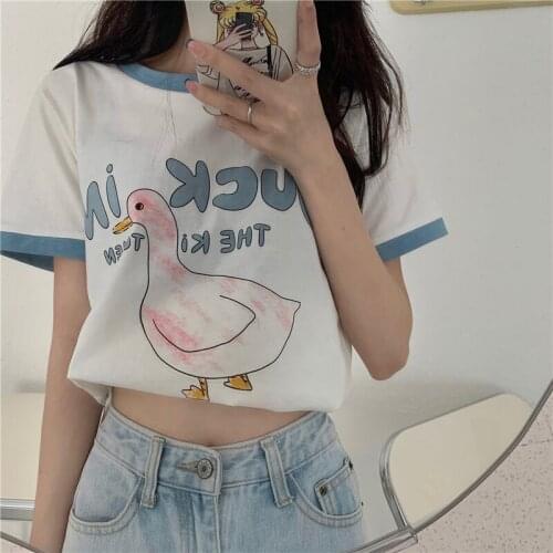 Female Korean Harajuku Loose Cute Duck Print Tshirt Womens T-shirts Tops Japanese Kawaii Ladies Ulzzang Clothes For Women