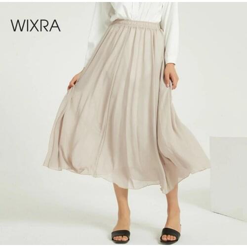 Wixra Women Summer Solid Chiffon Skirts Elegant High Elastic Waist Loose A Line Long Beach Skirt For Ladies