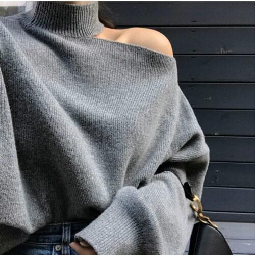 2021 New Korean Chic Elegant Sexy Hollow Open Shoulder Sweater Women Turtleneck Pullover Loose Solid Color Woman Sweaters Tops