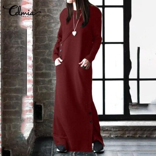 2021 Winter Women Sweatshirt Dress Celmia Vintage Long Sleeve Fleece Maxi Dresses Casual Baggy Kaftan Button Long Vestidos Robe