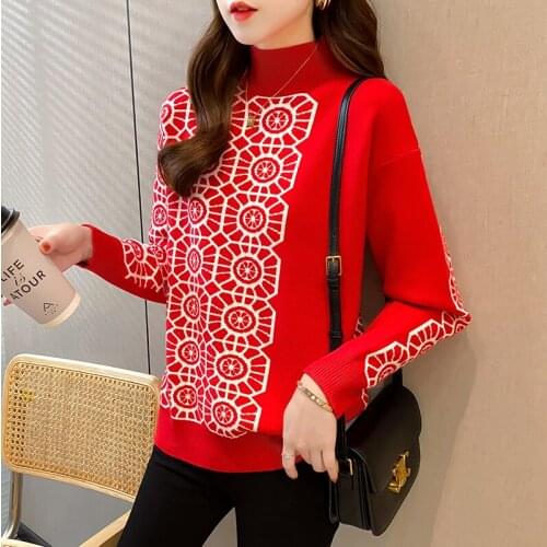 2021 Winter Thick Sweater Women Knitted Jacquard Pullover Sweater Long Sleeve Turtleneck Loose Jumper Soft Warm Pull Femme