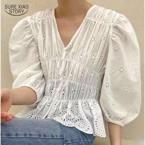 2021 Pure Color Pleated Hollow Women Blouses Fashion Gentle Shirt Lady Crochet Short-sleeved Shirt Top Blusas Verano Mujer 15600