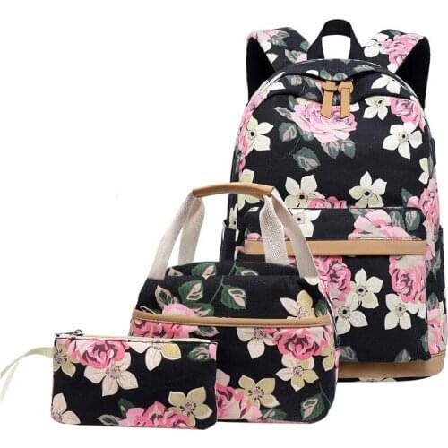 Casual Daypack Floral Printing Cotton Canvas School Bag Backpack Female Shoulder Bag for Teenage Girls - (Black) 3 pcs/set