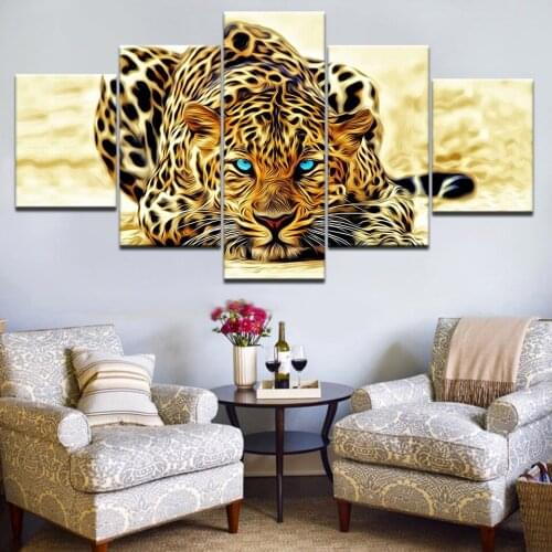 5 Piece Canvas Painting Art Animal Wall Pictures For Living Room Decor Creeping Leopard Print Large Modern Home Wall Poster