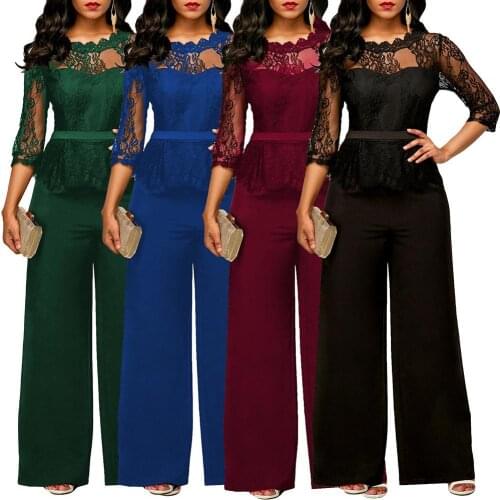 50% New Arrival ！！！Elegant Women 3/4 Sleeve Lace Stitching Top Wide Legging Pants Party Jumpsuit