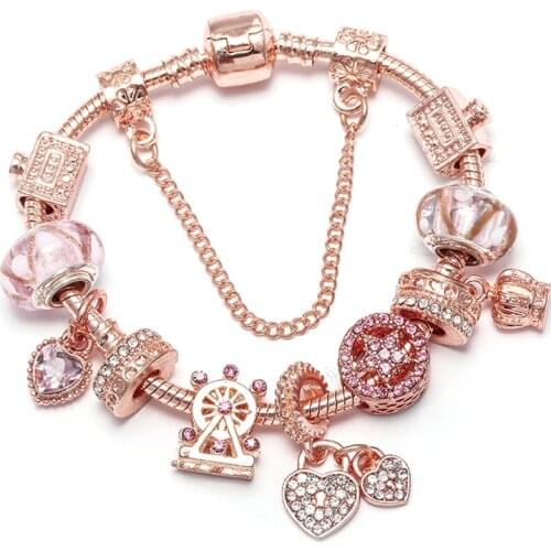 Rose Gold Love Heart Beads Charm Bracelets with Murano Glass Beads Bracelet & Bangles for Women Kids Christmas Jewelry Gift