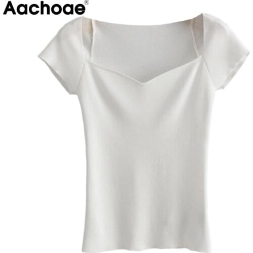 Aachoae Women Summer Solid Color Knitted T Shirt 2021 Fashion V Neck Short Sleeve T-Shirt Ladies Streeterar Tops Mujer