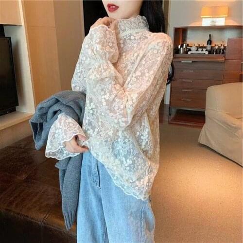 Lace Shirt for Women 2020 New Spring and Autumn Mesh Shirts Lace-Collared Blouse Long Sleeve Bottoming Shirt