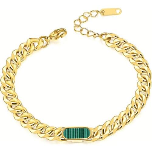 Stainless Steel Minimalist Rectangle Green White Black Stone Cuban Chain Bracelet Link Bangle Jewelry Gift For Him