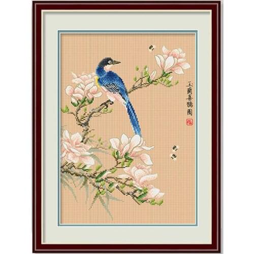 A Bird Sitting on a Blossom Tree Pink Flower Stamped Cross Stitch Kit Embroidery needlework set