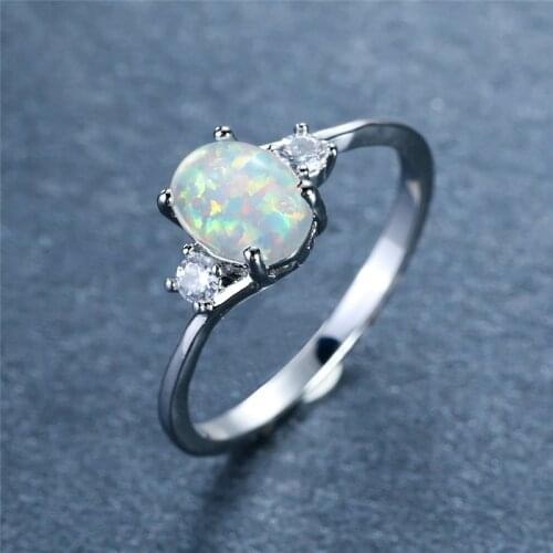 Charm Silver Color Thin Wedding Ring White Fire Opal Small Crystal Ring Dainty Oval Stone Engagement Rings For Women Bridal Gift
