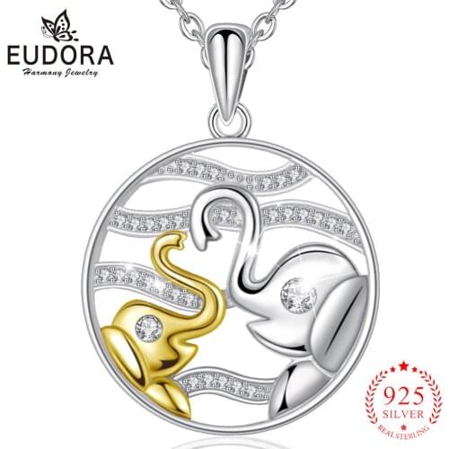 EUDORA Real 925 Sterling Silver Falling in love Elephants Necklace animal gold elephant Pendant Women fine Jewelry with box D508