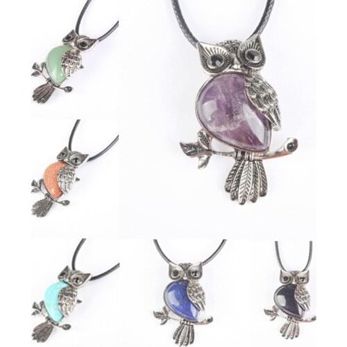 2017 NEW Silver Plated Aventurine Howlite Malachite Opal Lapis Lazuli Tiger eye Rose Pink Quartz Bead Owl Pendant 1PCS